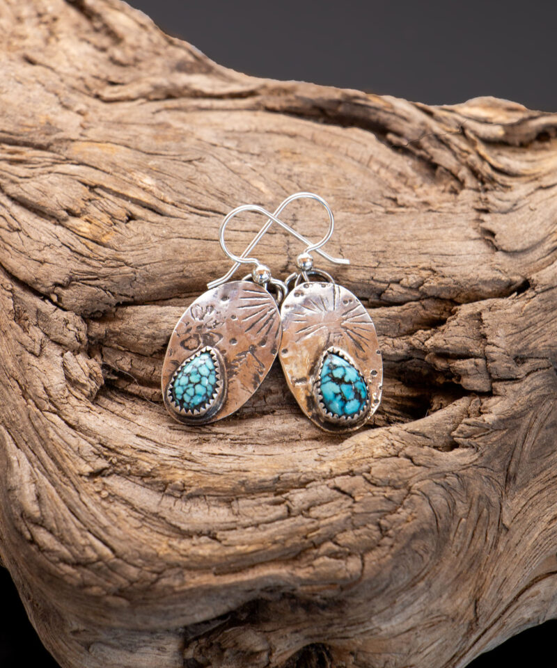 J134 Kingman Black Spiderweb Turquoise Drop Earrings - Image 3