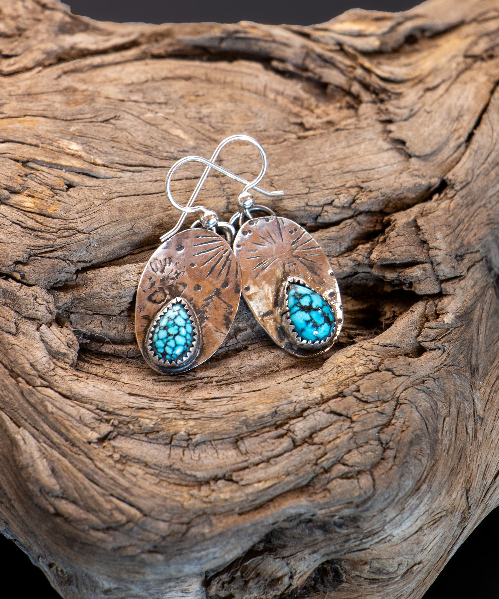 J134 Kingman Black Spiderweb Turquoise Drop Earrings