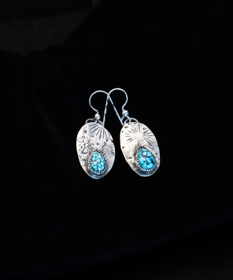 J134 Kingman Black Spiderweb Turquoise Drop Earrings - Image 5