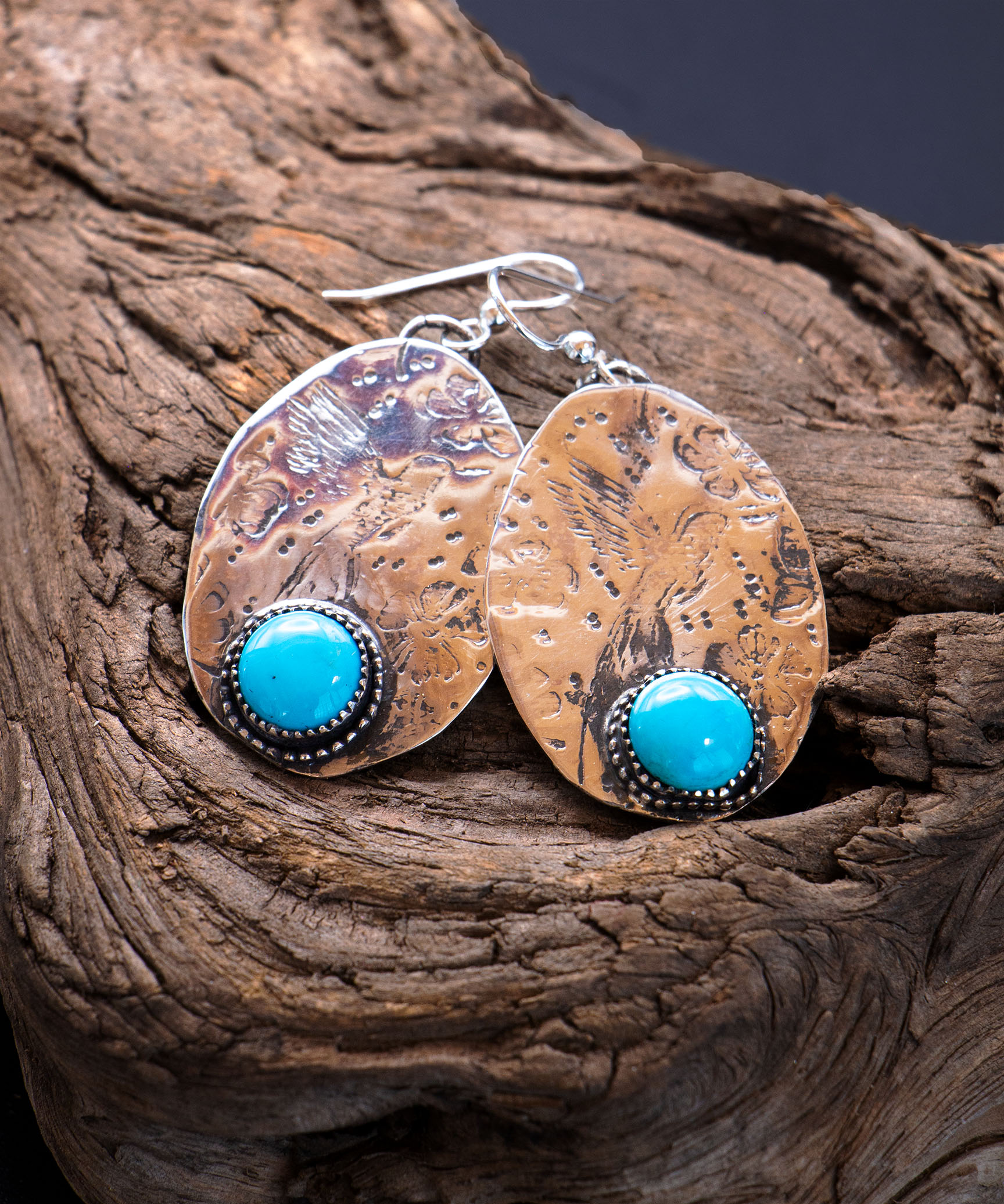J139 Embossed Hummingbird Earrings with Sleeping Beauty Turquoise