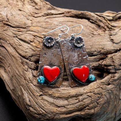 J136 Embossed Hummingbird Rosarita and Turquoise Earrings