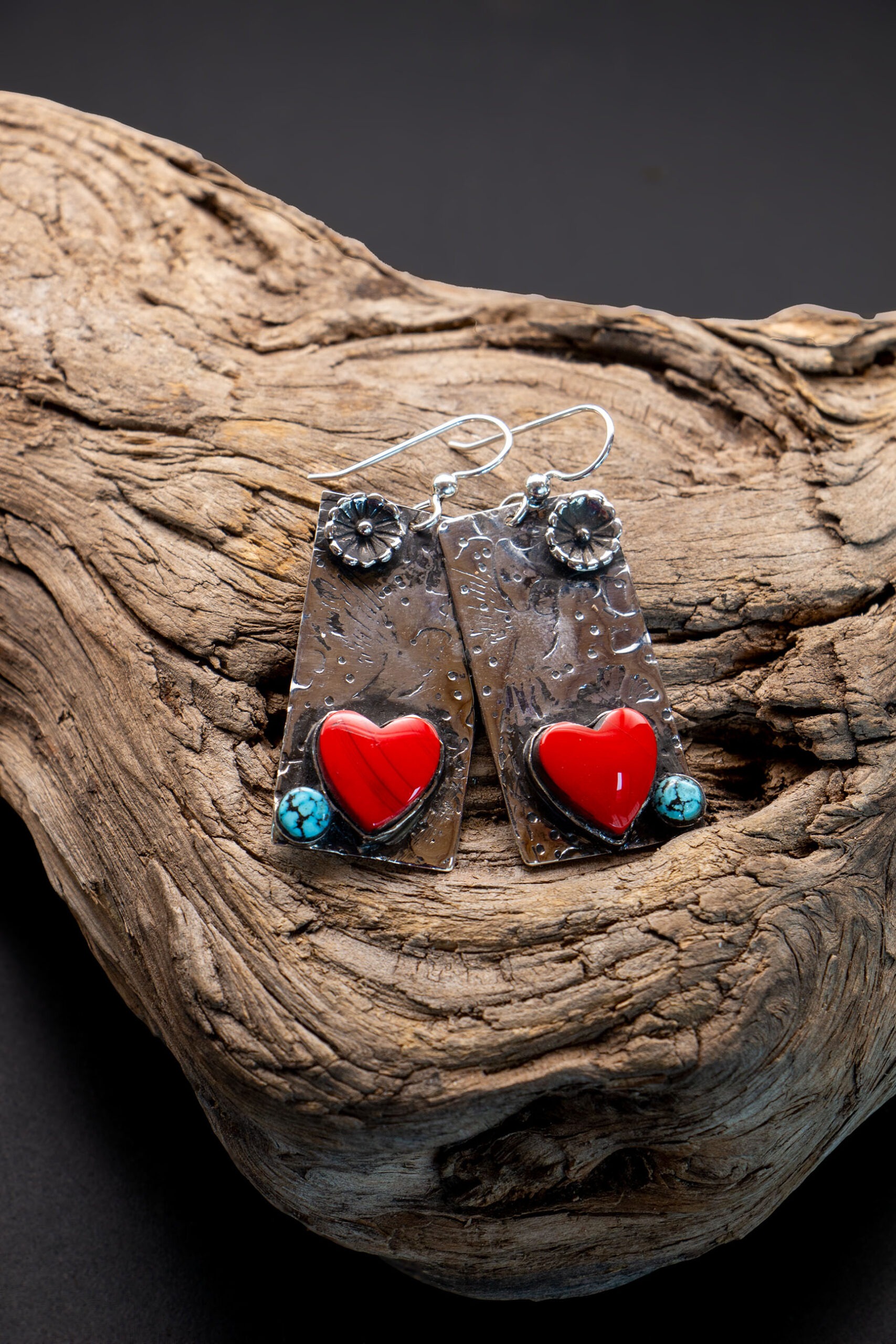J136 Embossed Hummingbird Rosarita and Turquoise Earrings
