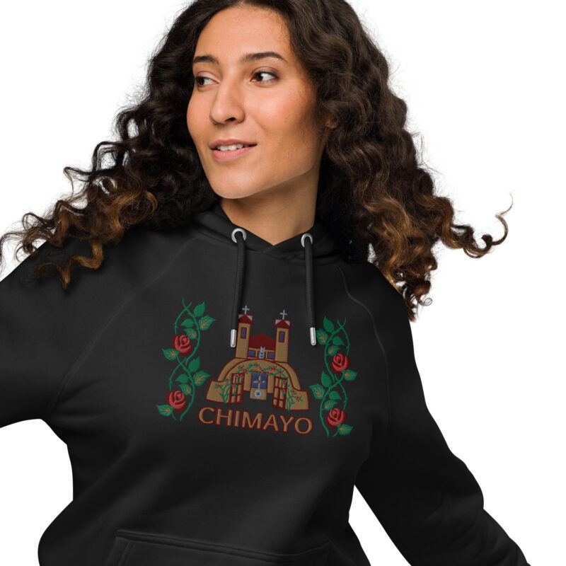 EL SANTUARIO WITH ROSES - Unisex Eco Raglan Hoodie (front embroidery)