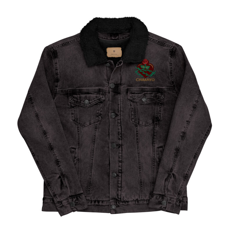 SANTUARIO WITH ROSES - Unisex Denim Sherpa Jacket (embroidered front & back) - Image 7