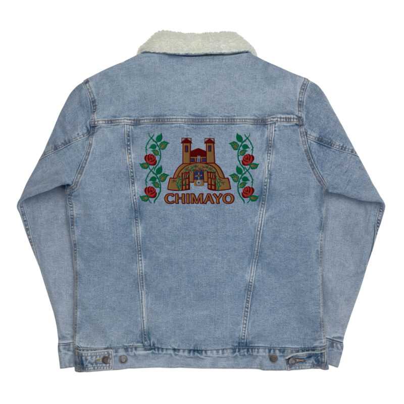 SANTUARIO WITH ROSES - Unisex Denim Sherpa Jacket (embroidered front & back) - Image 13