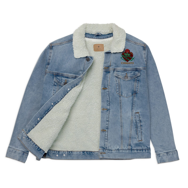 SANTUARIO WITH ROSES - Unisex Denim Sherpa Jacket (embroidered front & back) - Image 4