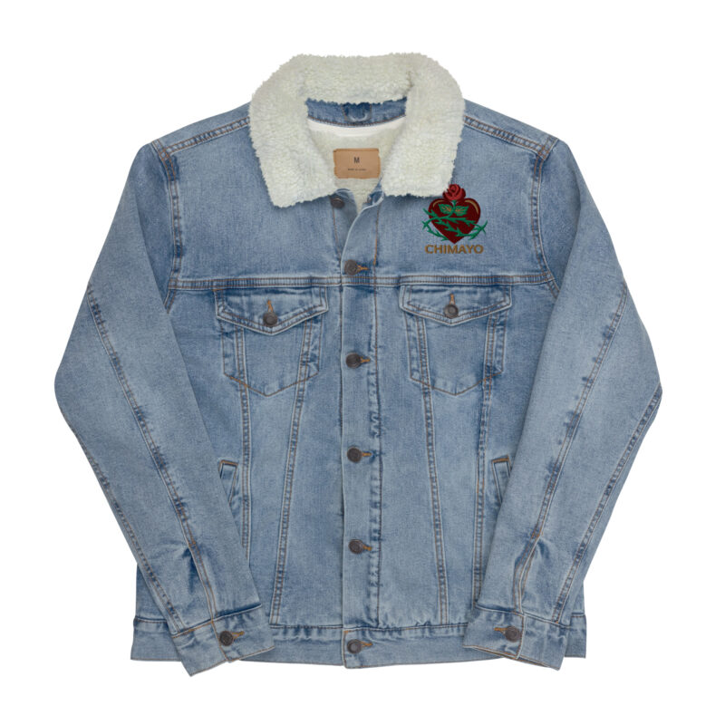 SANTUARIO WITH ROSES - Unisex Denim Sherpa Jacket (embroidered front & back) - Image 3